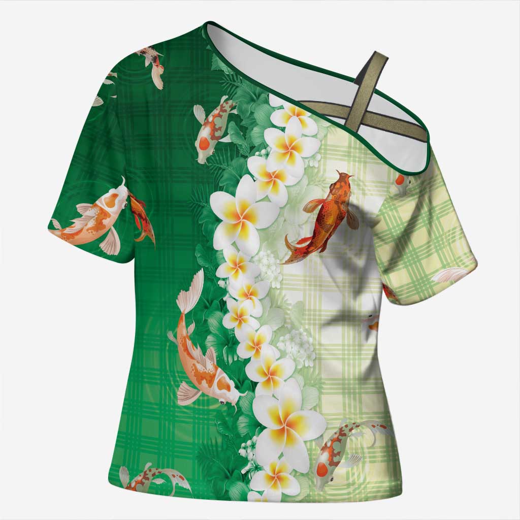 Hawaii And Japan Cross Shoulder Shirt Plumeria Lei With Koi Fish Green LT05 Female Green - Polynesian Pride