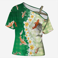 Hawaii And Japan Cross Shoulder Shirt Plumeria Lei With Koi Fish Green LT05 Female Green - Polynesian Pride