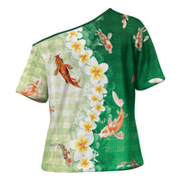 Hawaii And Japan Cross Shoulder Shirt Plumeria Lei With Koi Fish Green LT05 - Polynesian Pride