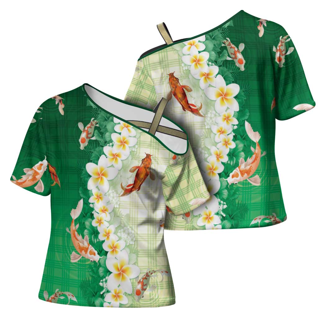 Hawaii And Japan Cross Shoulder Shirt Plumeria Lei With Koi Fish Green LT05 - Polynesian Pride