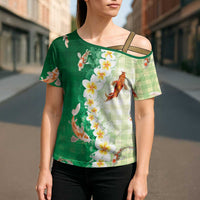 Hawaii And Japan Cross Shoulder Shirt Plumeria Lei With Koi Fish Green LT05 - Polynesian Pride