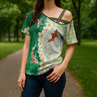Hawaii And Japan Cross Shoulder Shirt Plumeria Lei With Koi Fish Green LT05 - Polynesian Pride