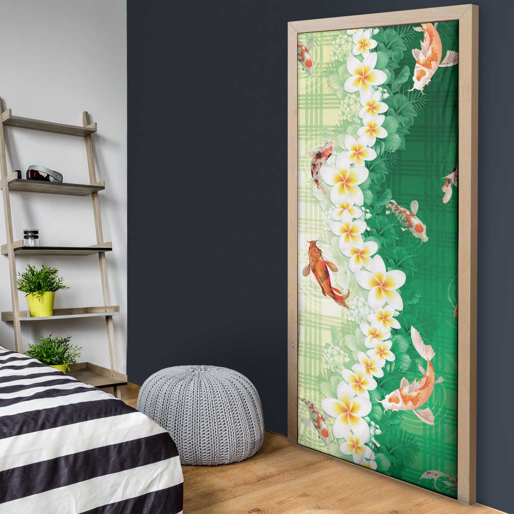 Hawaii And Japan Door Cover Plumeria Lei With Koi Fish Green LT05 - Polynesian Pride