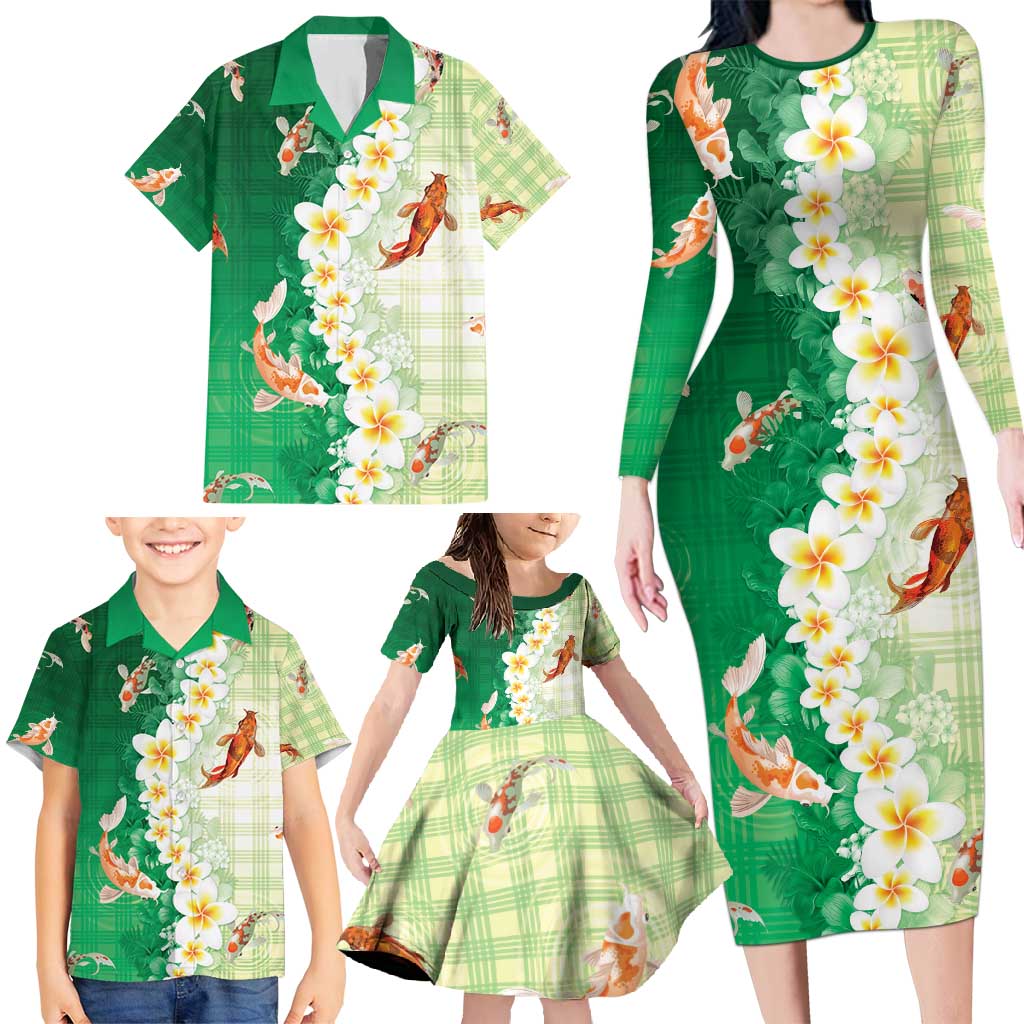 Hawaii And Japan Family Matching Long Sleeve Bodycon Dress and Hawaiian Shirt Plumeria Lei With Koi Fish Green - Polynesian Pride