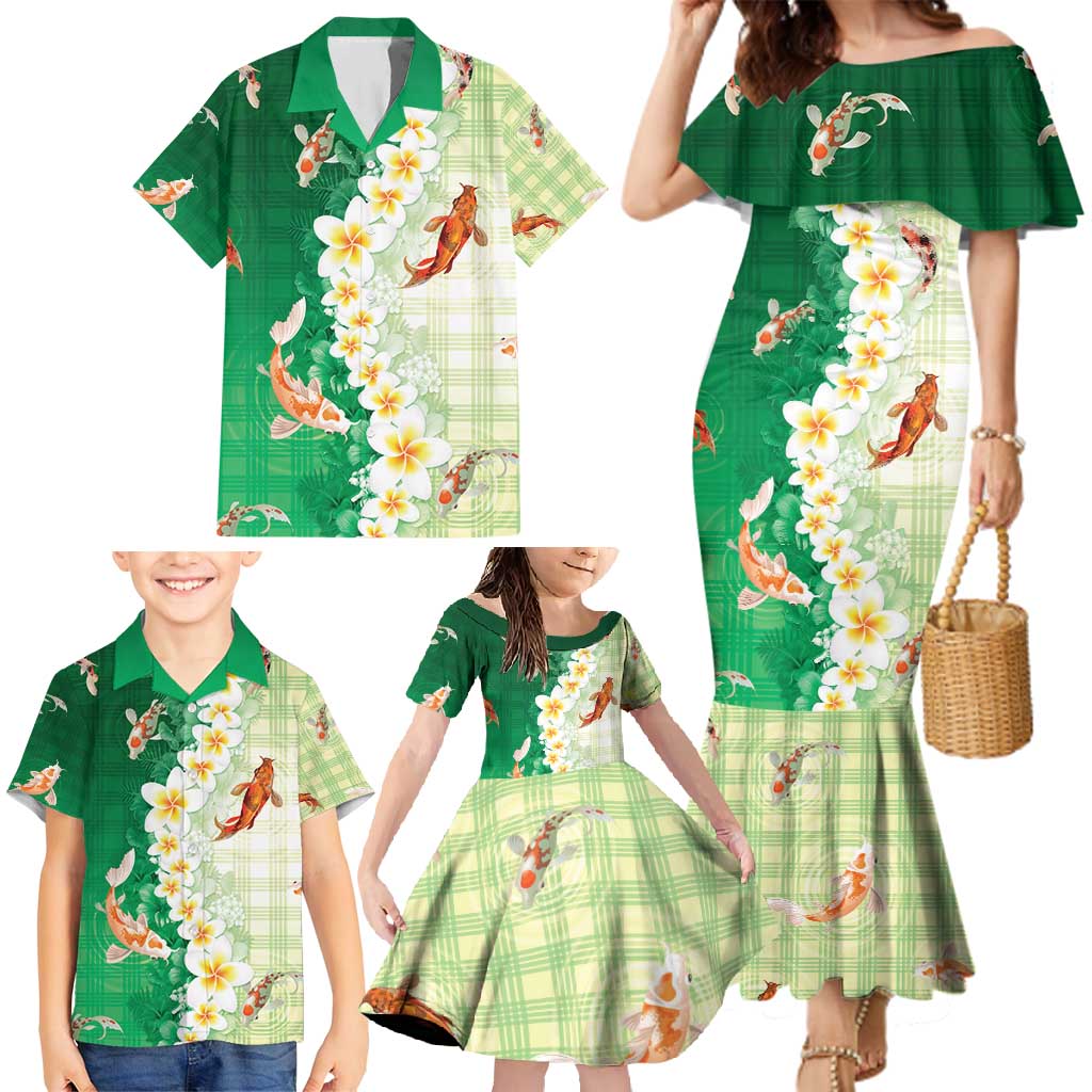 Hawaii And Japan Family Matching Mermaid Dress and Hawaiian Shirt Plumeria Lei With Koi Fish Green - Polynesian Pride