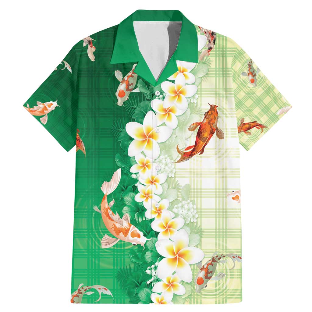 Hawaii And Japan Family Matching Mermaid Dress and Hawaiian Shirt Plumeria Lei With Koi Fish Green - Polynesian Pride