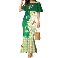 Hawaii And Japan Family Matching Mermaid Dress and Hawaiian Shirt Plumeria Lei With Koi Fish Green - Polynesian Pride