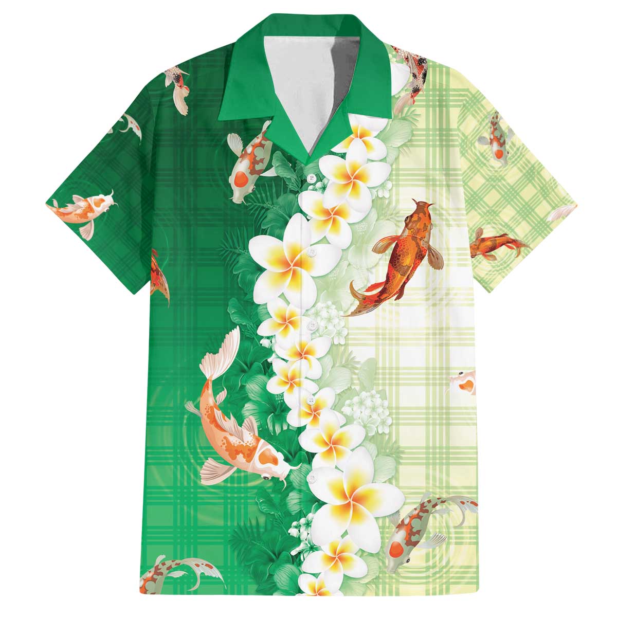 Hawaii And Japan Family Matching Off The Shoulder Long Sleeve Dress and Hawaiian Shirt Plumeria Lei With Koi Fish Green - Polynesian Pride