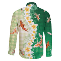 Hawaii And Japan Family Matching Off The Shoulder Long Sleeve Dress and Hawaiian Shirt Plumeria Lei With Koi Fish Green - Polynesian Pride