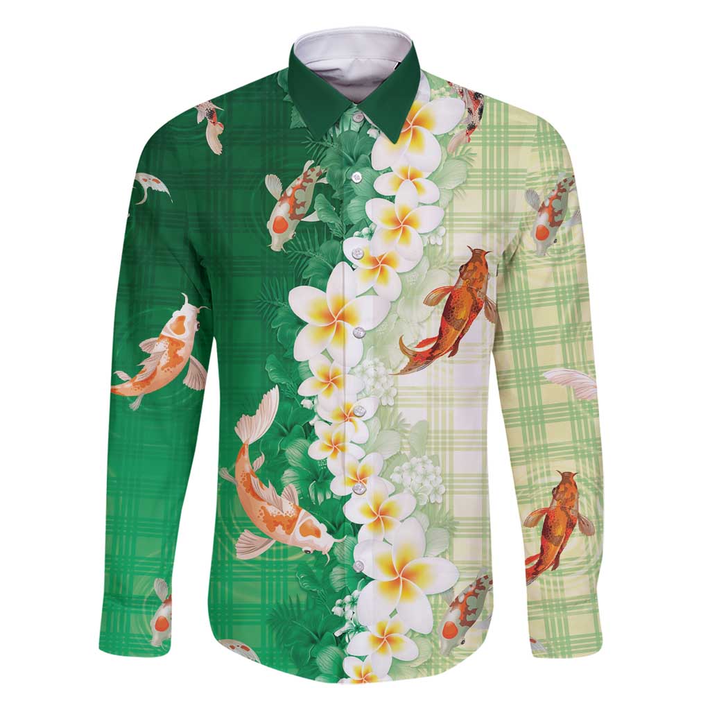 Hawaii And Japan Family Matching Off Shoulder Maxi Dress and Hawaiian Shirt Plumeria Lei With Koi Fish Green - Polynesian Pride