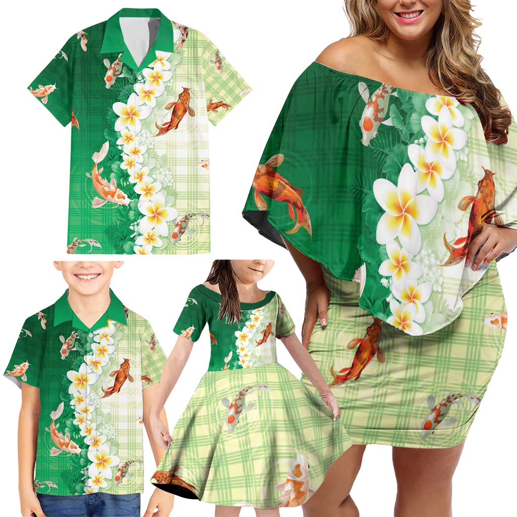 Hawaii And Japan Family Matching Off Shoulder Short Dress and Hawaiian Shirt Plumeria Lei With Koi Fish Green - Polynesian Pride