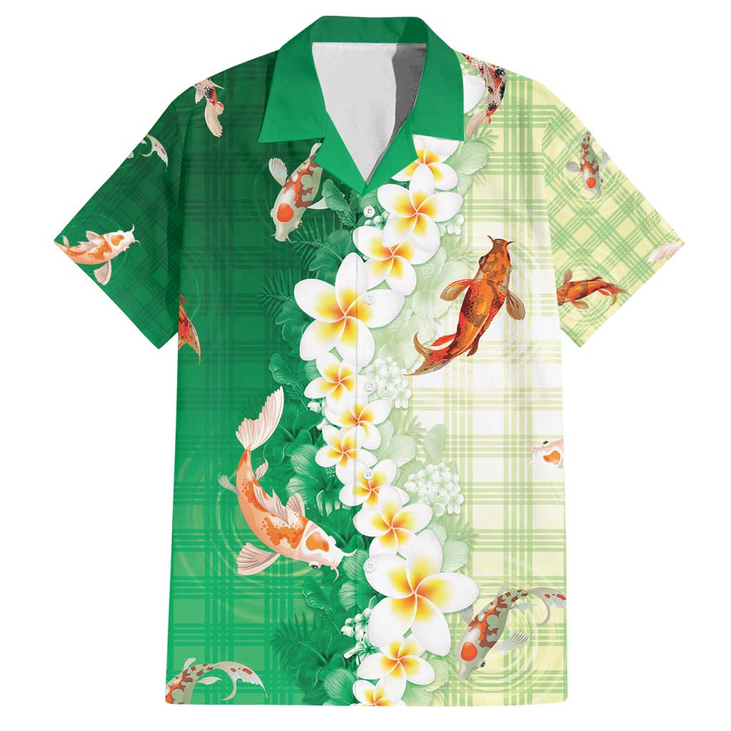 Hawaii And Japan Family Matching Off Shoulder Short Dress and Hawaiian Shirt Plumeria Lei With Koi Fish Green - Polynesian Pride