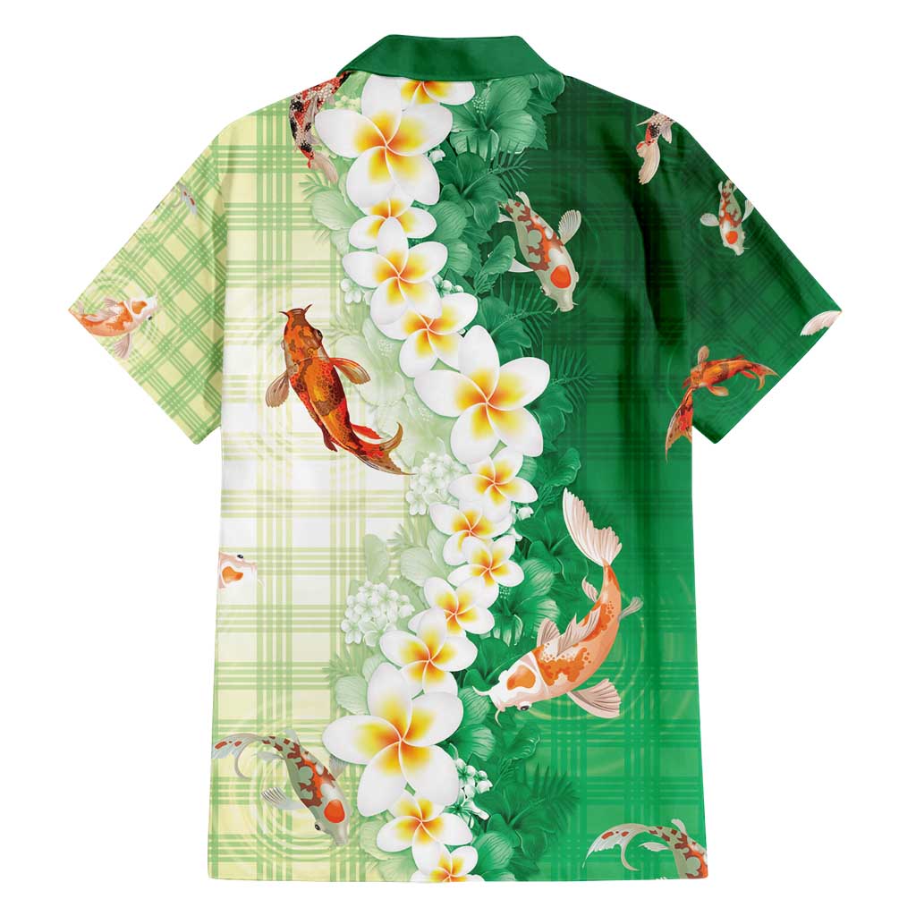 Hawaii And Japan Family Matching Off Shoulder Short Dress and Hawaiian Shirt Plumeria Lei With Koi Fish Green - Polynesian Pride
