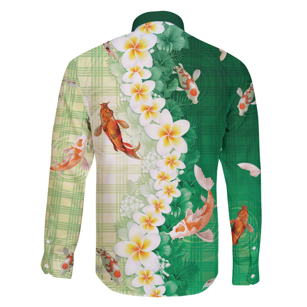 Hawaii And Japan Family Matching Off Shoulder Short Dress and Hawaiian Shirt Plumeria Lei With Koi Fish Green - Polynesian Pride