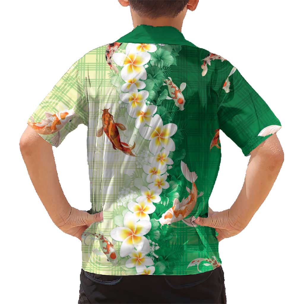 Hawaii And Japan Family Matching Puletasi and Hawaiian Shirt Plumeria Lei With Koi Fish Green - Polynesian Pride