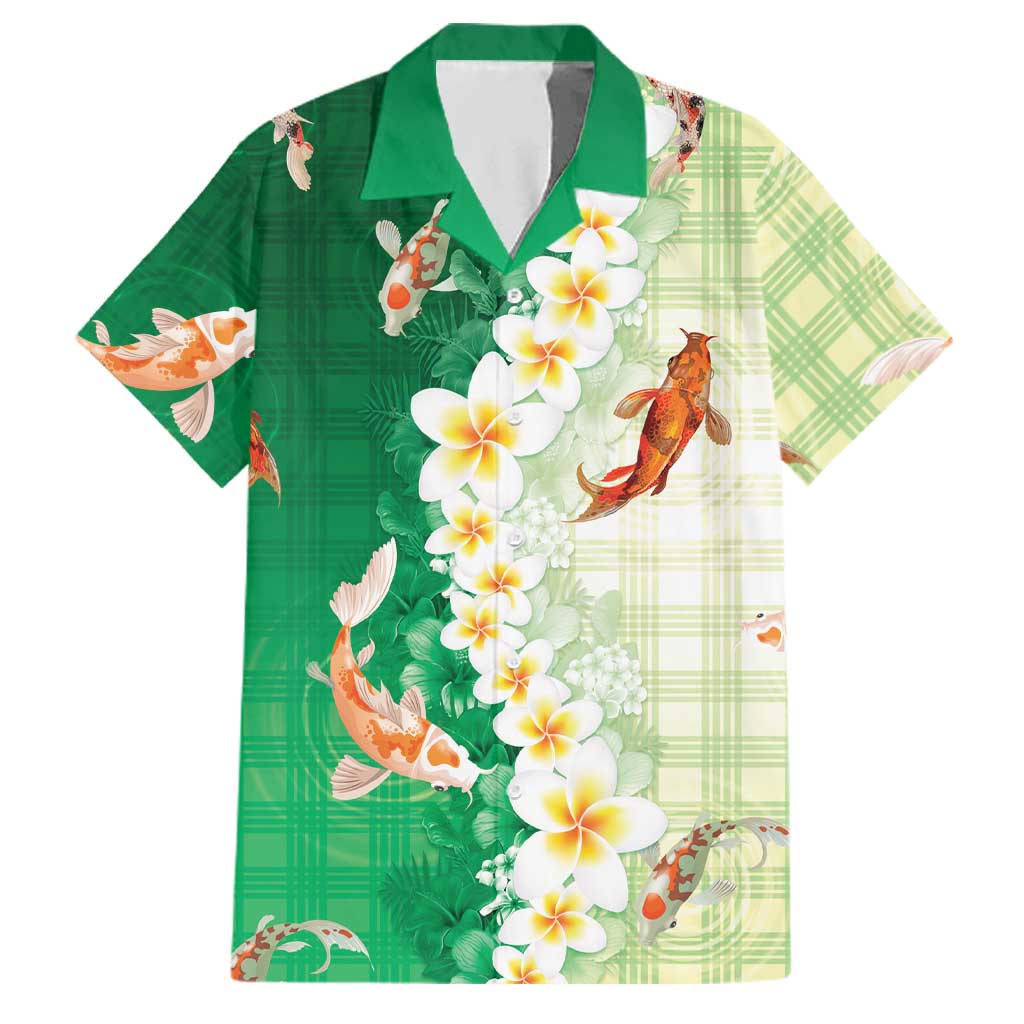 Hawaii And Japan Family Matching Puletasi and Hawaiian Shirt Plumeria Lei With Koi Fish Green - Polynesian Pride