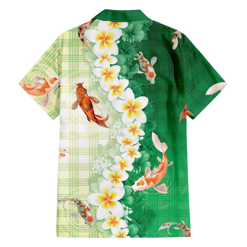 Hawaii And Japan Family Matching Puletasi and Hawaiian Shirt Plumeria Lei With Koi Fish Green - Polynesian Pride