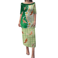 Hawaii And Japan Family Matching Puletasi and Hawaiian Shirt Plumeria Lei With Koi Fish Green - Polynesian Pride