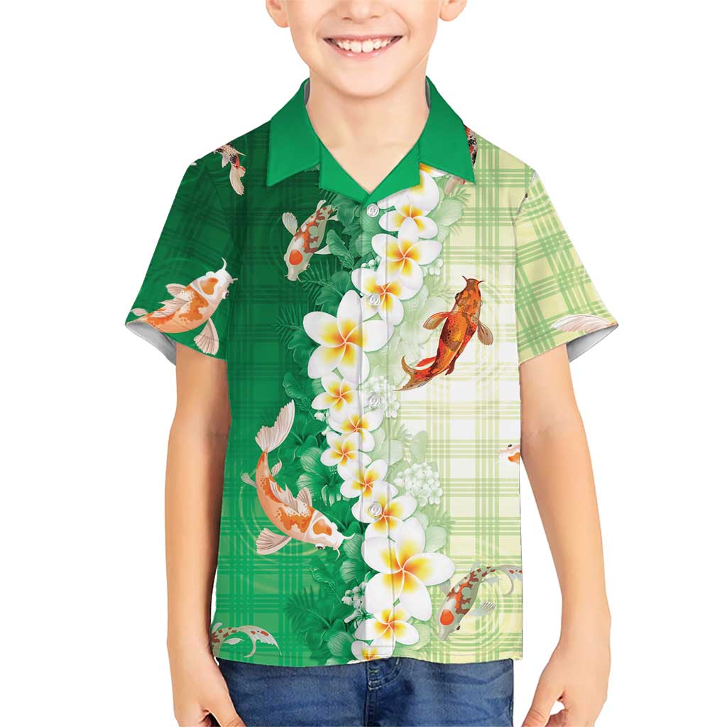 Hawaii And Japan Family Matching Puletasi and Hawaiian Shirt Plumeria Lei With Koi Fish Green - Polynesian Pride