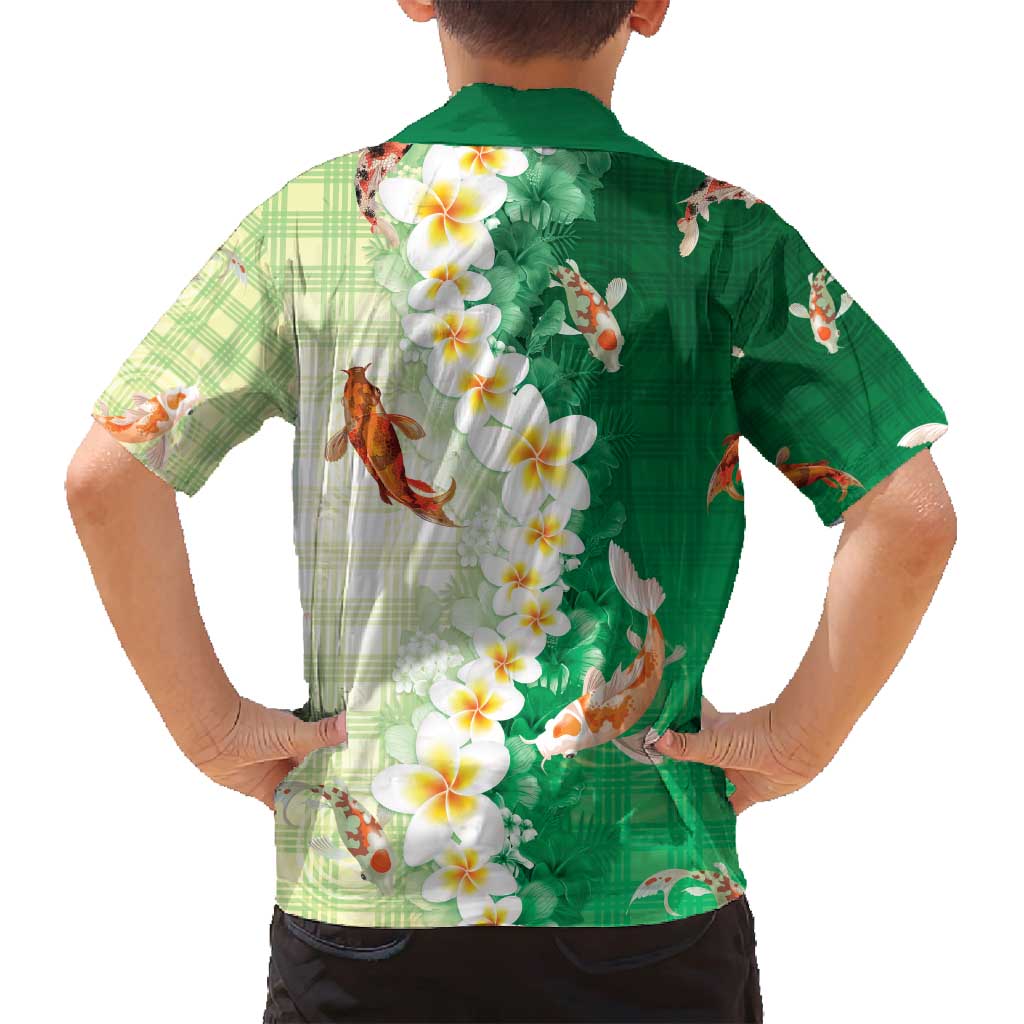 Hawaii And Japan Family Matching Tank Maxi Dress and Hawaiian Shirt Plumeria Lei With Koi Fish Green - Polynesian Pride