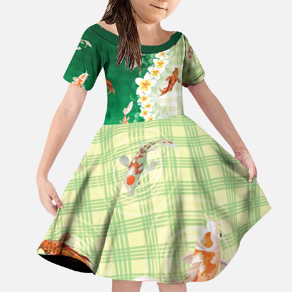 Hawaii And Japan Family Matching Tank Maxi Dress and Hawaiian Shirt Plumeria Lei With Koi Fish Green - Polynesian Pride