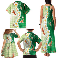 Hawaii And Japan Family Matching Tank Maxi Dress and Hawaiian Shirt Plumeria Lei With Koi Fish Green - Polynesian Pride