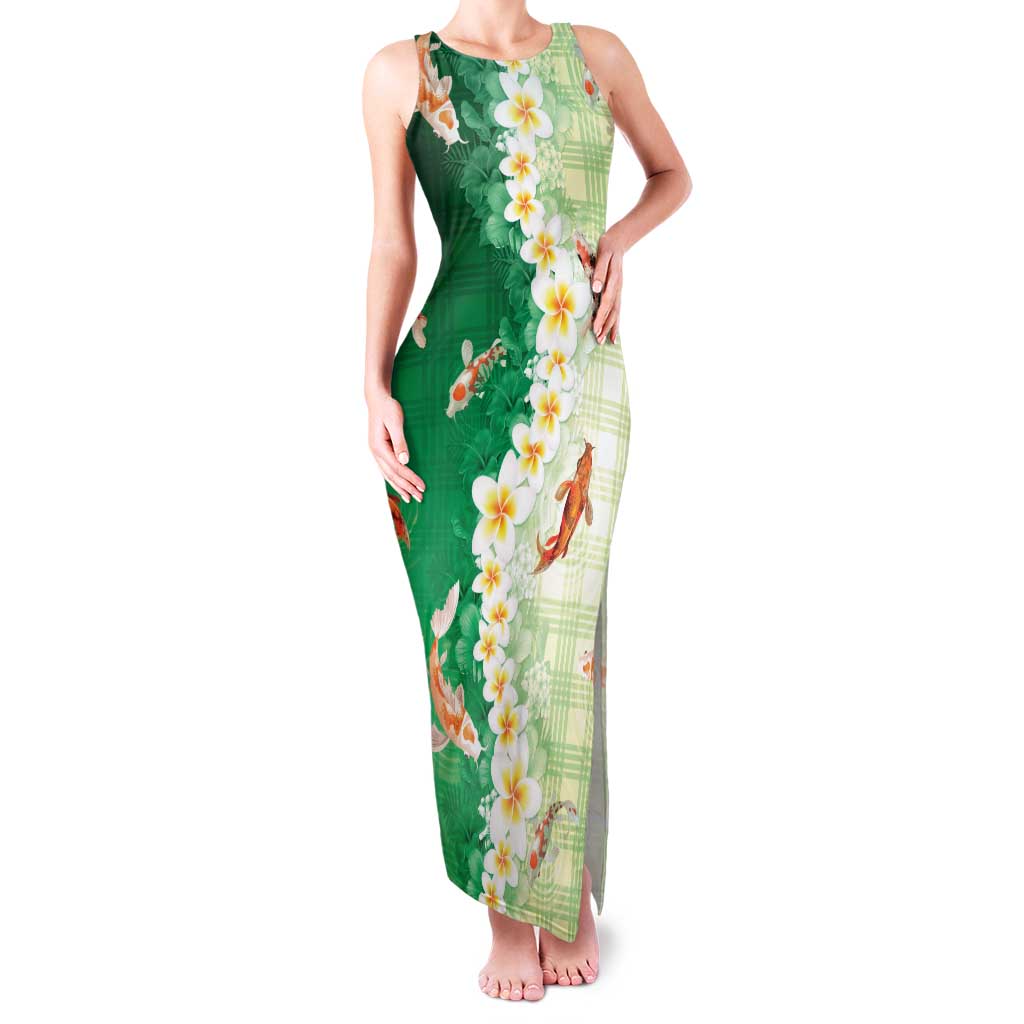 Hawaii And Japan Family Matching Tank Maxi Dress and Hawaiian Shirt Plumeria Lei With Koi Fish Green - Polynesian Pride