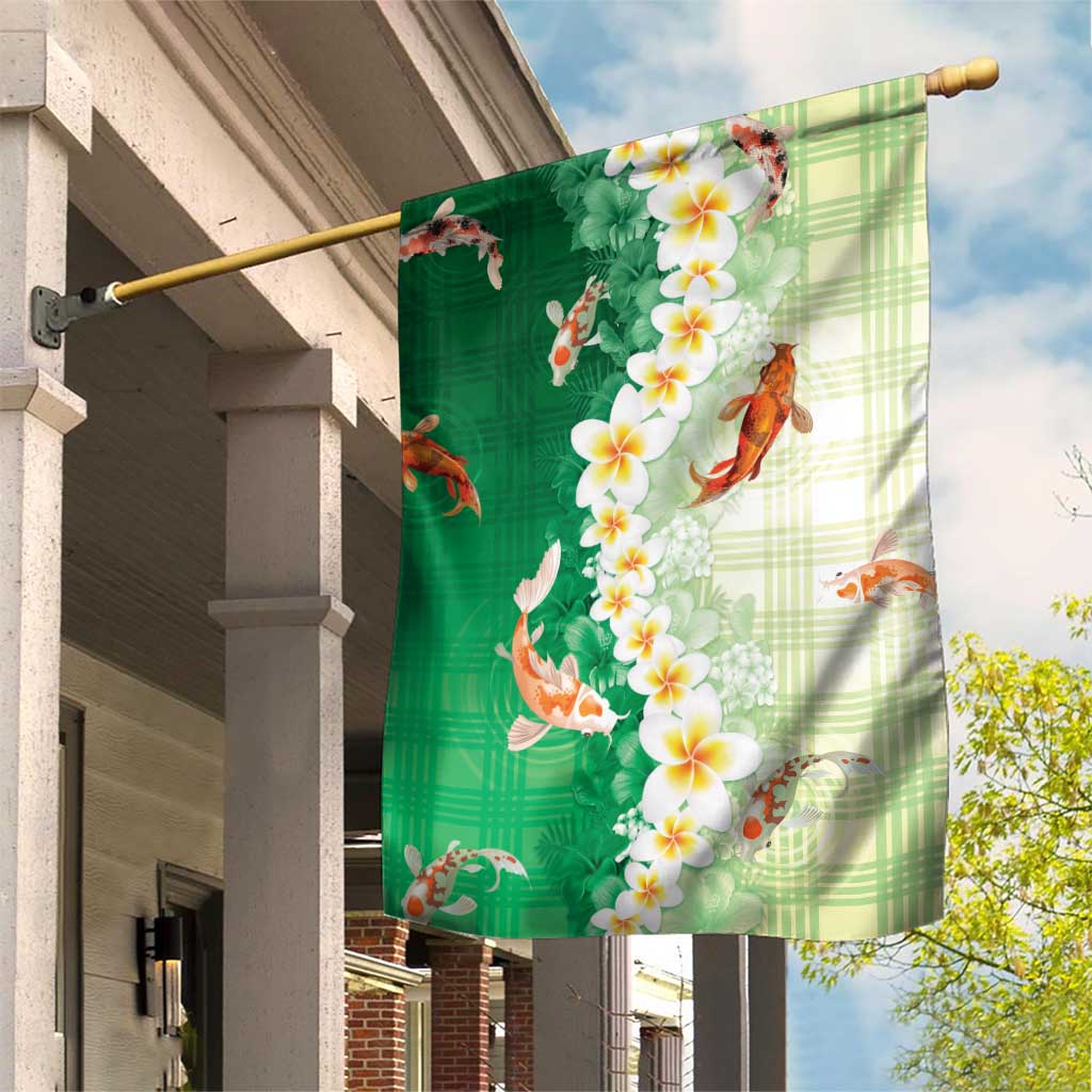 Hawaii And Japan Garden Flag Plumeria Lei With Koi Fish Green - Polynesian Pride