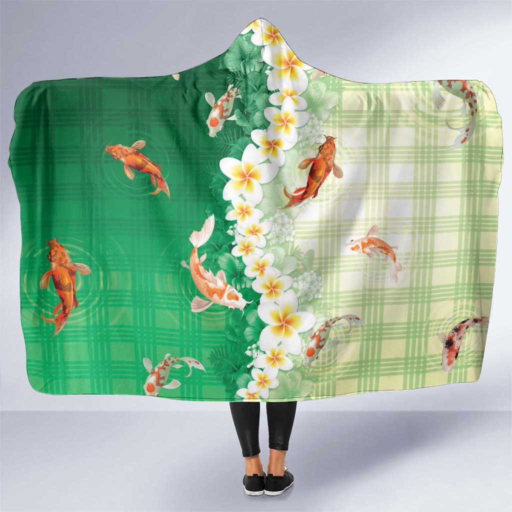 Hawaii And Japan Hooded Blanket Plumeria Lei With Koi Fish Green LT05 One Size Green - Polynesian Pride