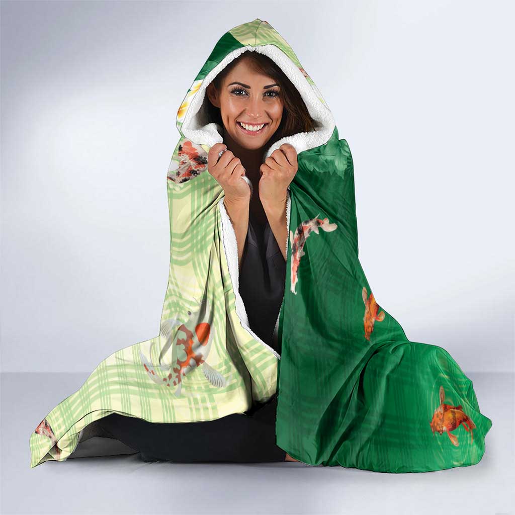 Hawaii And Japan Hooded Blanket Plumeria Lei With Koi Fish Green LT05 - Polynesian Pride