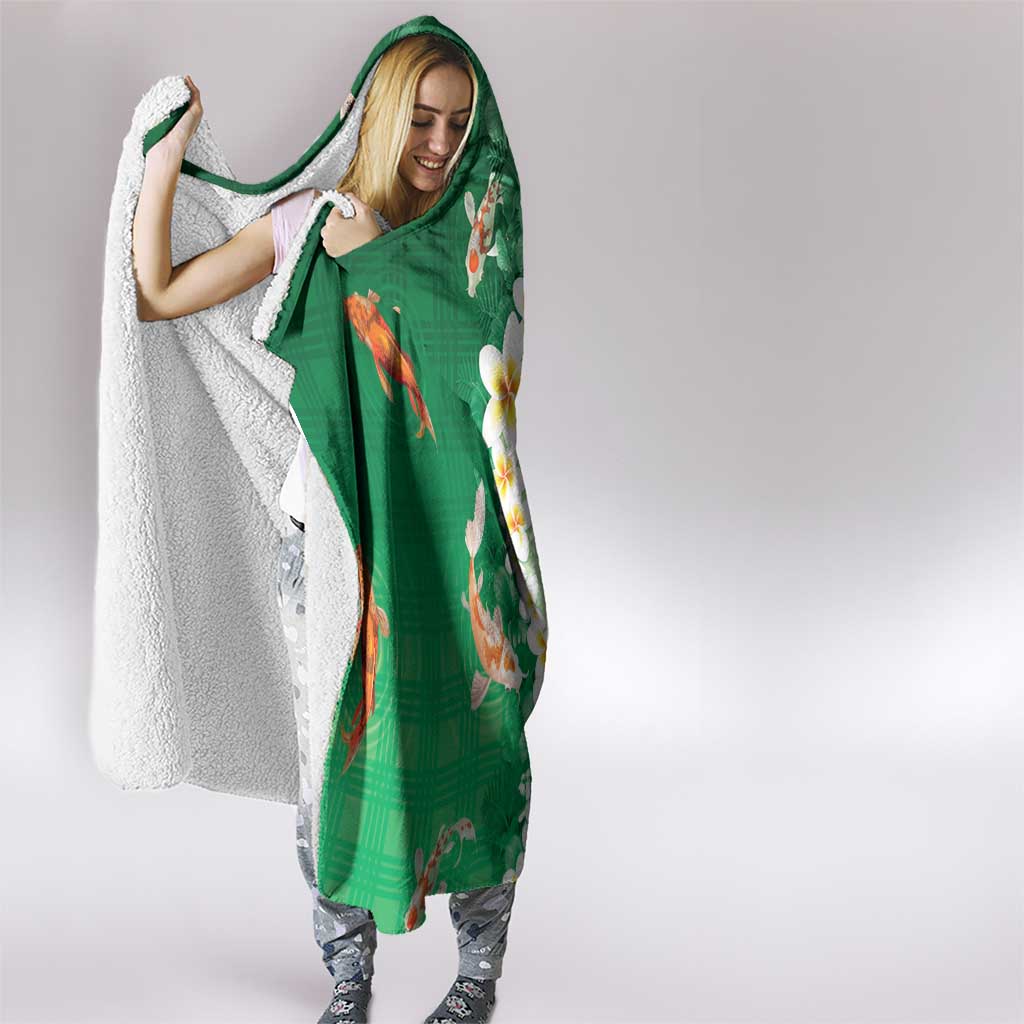 Hawaii And Japan Hooded Blanket Plumeria Lei With Koi Fish Green LT05 - Polynesian Pride
