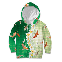 Hawaii And Japan Kid Hoodie Plumeria Lei With Koi Fish Green LT05 Hoodie Green - Polynesian Pride