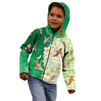 Hawaii And Japan Kid Hoodie Plumeria Lei With Koi Fish Green LT05 - Polynesian Pride