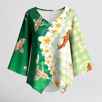 Hawaii And Japan Kimono Sleeve Blouse Plumeria Lei With Koi Fish Green LT05 Female Green - Polynesian Pride