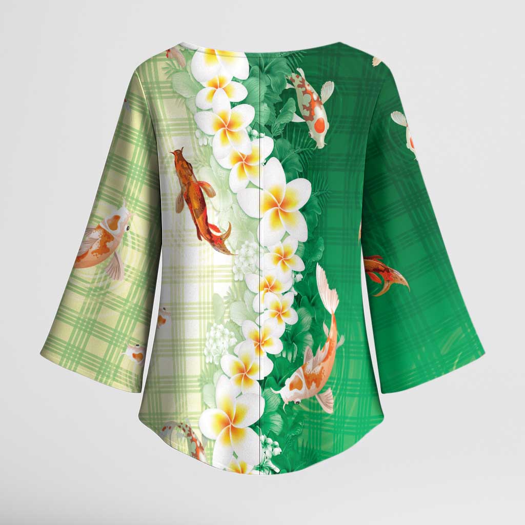 Hawaii And Japan Kimono Sleeve Blouse Plumeria Lei With Koi Fish Green LT05 - Polynesian Pride