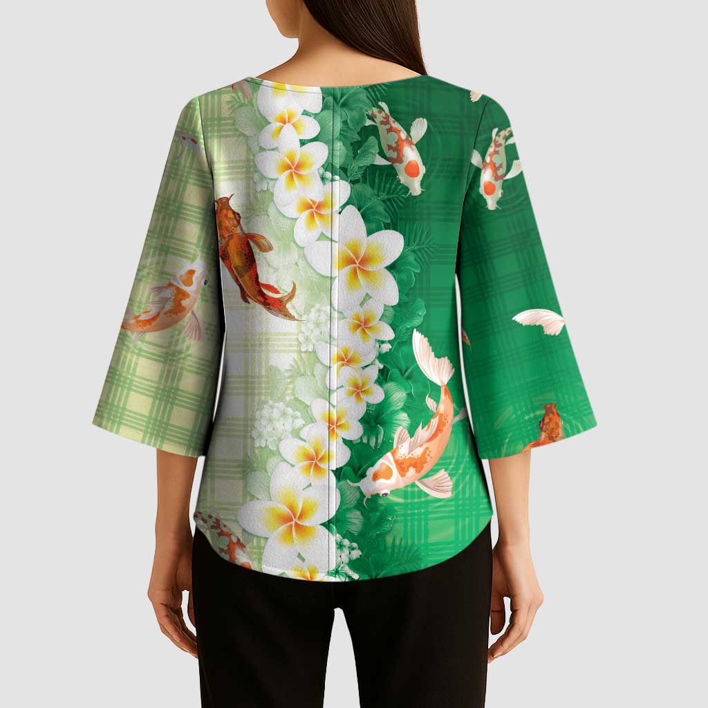 Hawaii And Japan Kimono Sleeve Blouse Plumeria Lei With Koi Fish Green LT05 - Polynesian Pride