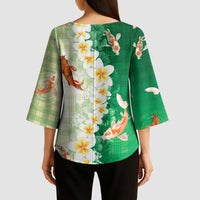 Hawaii And Japan Kimono Sleeve Blouse Plumeria Lei With Koi Fish Green LT05 - Polynesian Pride