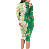 Hawaii And Japan Long Sleeve Bodycon Dress Plumeria Lei With Koi Fish Green LT05 - Polynesian Pride