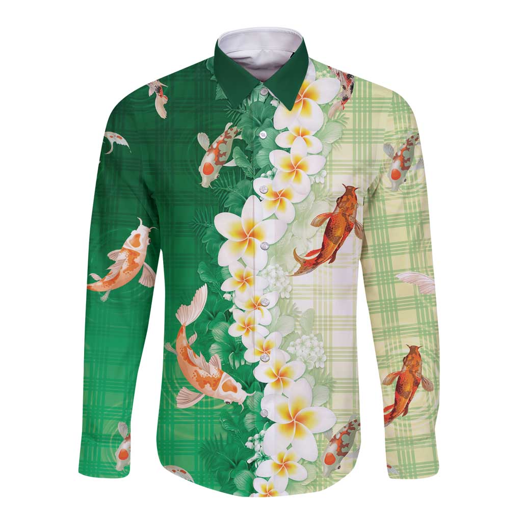 Hawaii And Japan Long Sleeve Button Shirt Plumeria Lei With Koi Fish Green LT05 Unisex Green - Polynesian Pride