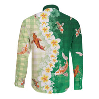 Hawaii And Japan Long Sleeve Button Shirt Plumeria Lei With Koi Fish Green LT05 - Polynesian Pride