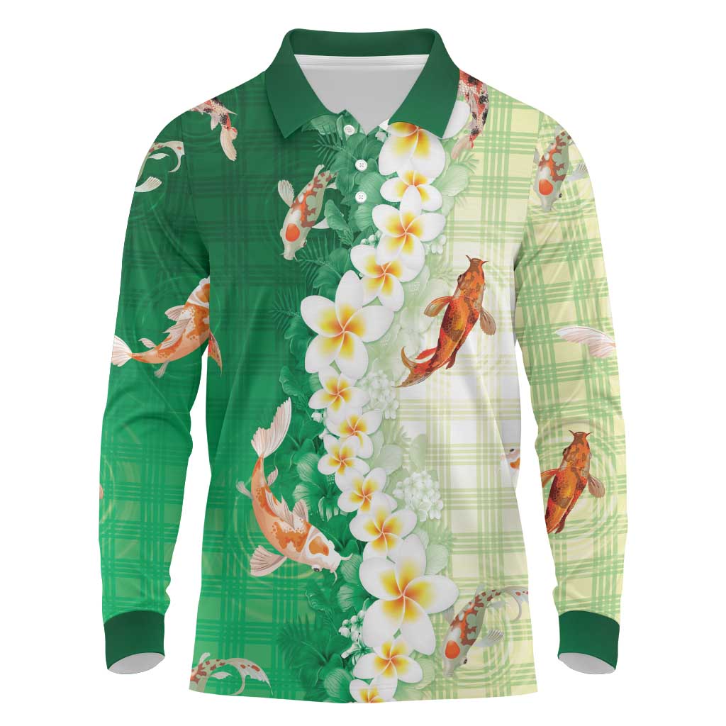 Hawaii And Japan Long Sleeve Polo Shirt Plumeria Lei With Koi Fish Green LT05 Green - Polynesian Pride