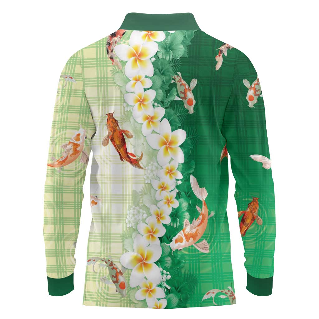 Hawaii And Japan Long Sleeve Polo Shirt Plumeria Lei With Koi Fish Green LT05 - Polynesian Pride