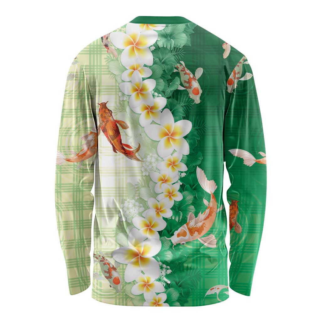 Hawaii And Japan Long Sleeve Shirt Plumeria Lei With Koi Fish Green LT05 - Polynesian Pride