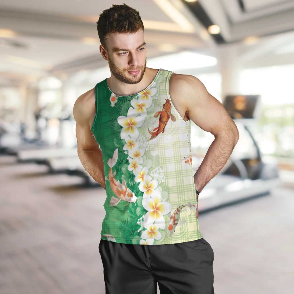 Hawaii And Japan Men Tank Top Plumeria Lei With Koi Fish Green LT05 Green - Polynesian Pride