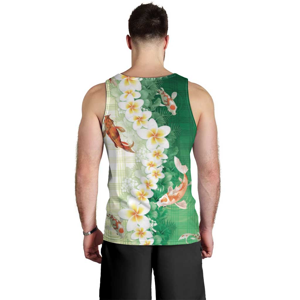 Hawaii And Japan Men Tank Top Plumeria Lei With Koi Fish Green LT05 - Polynesian Pride