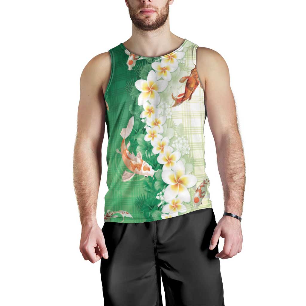 Hawaii And Japan Men Tank Top Plumeria Lei With Koi Fish Green LT05 - Polynesian Pride