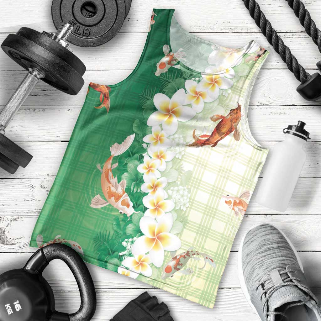 Hawaii And Japan Men Tank Top Plumeria Lei With Koi Fish Green LT05 - Polynesian Pride