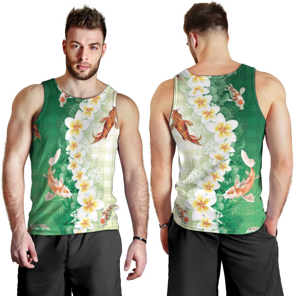 Hawaii And Japan Men Tank Top Plumeria Lei With Koi Fish Green LT05 - Polynesian Pride
