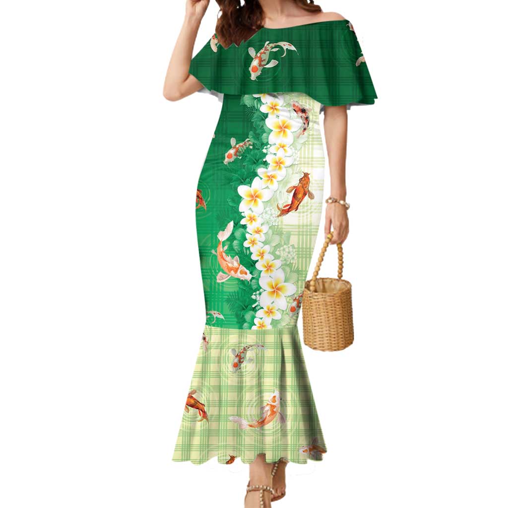 Hawaii And Japan Mermaid Dress Plumeria Lei With Koi Fish Green LT05 Women Green - Polynesian Pride