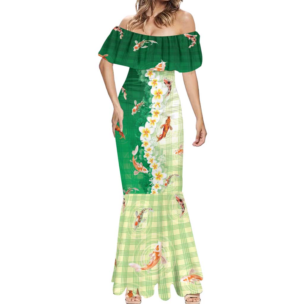 Hawaii And Japan Mermaid Dress Plumeria Lei With Koi Fish Green LT05 - Polynesian Pride